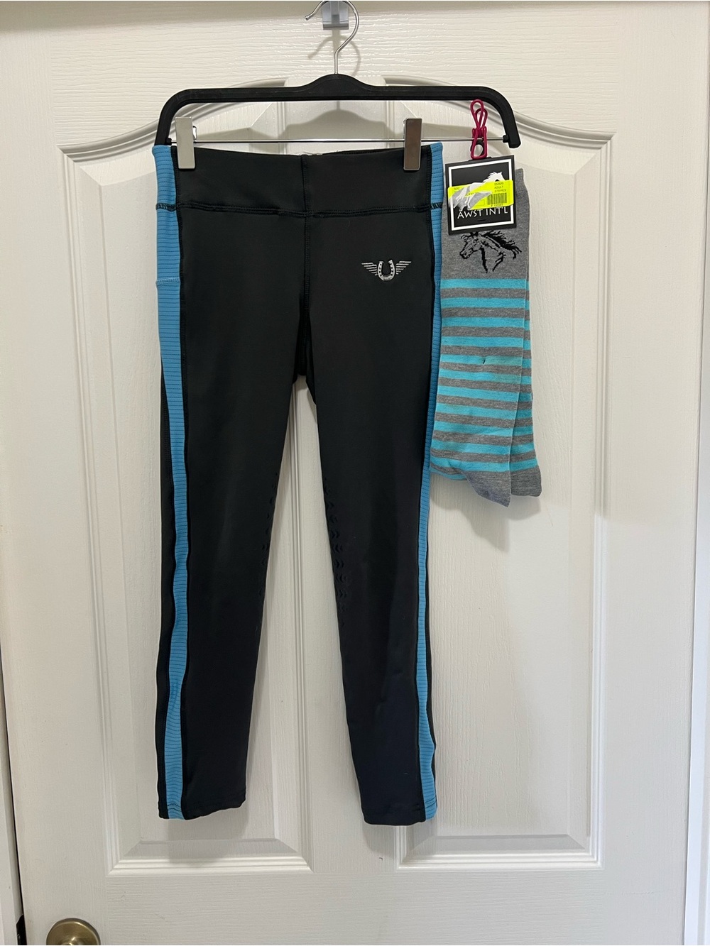 Kids Equestrian Horse Riding Pants M Gray with Blue Side Panels & NEW Knee Socks